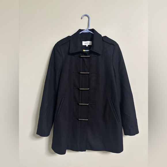 Calvin Klein Size 8 Wool Blend Toggle Clasp Coat Black Full Zip Jacket Dress - Picture 1 of 5
